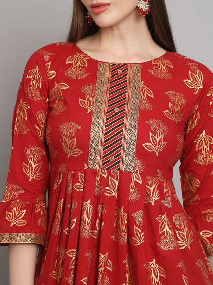 Dhiyona AN Maroon Floral Printed Zari A-Line Kurti With Sharara