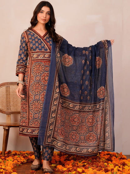 Women Ethnic Motifs Printed Angrakha Pure Cotton Kurta with Trousers & With Dupatta