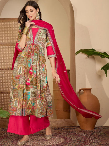 Embroidered V-Neck Anarkali Kurta & Palazzos With Dupatta
