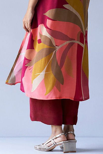 Women's Maroon and Peach Crepe Silk Printed Co-ord Set