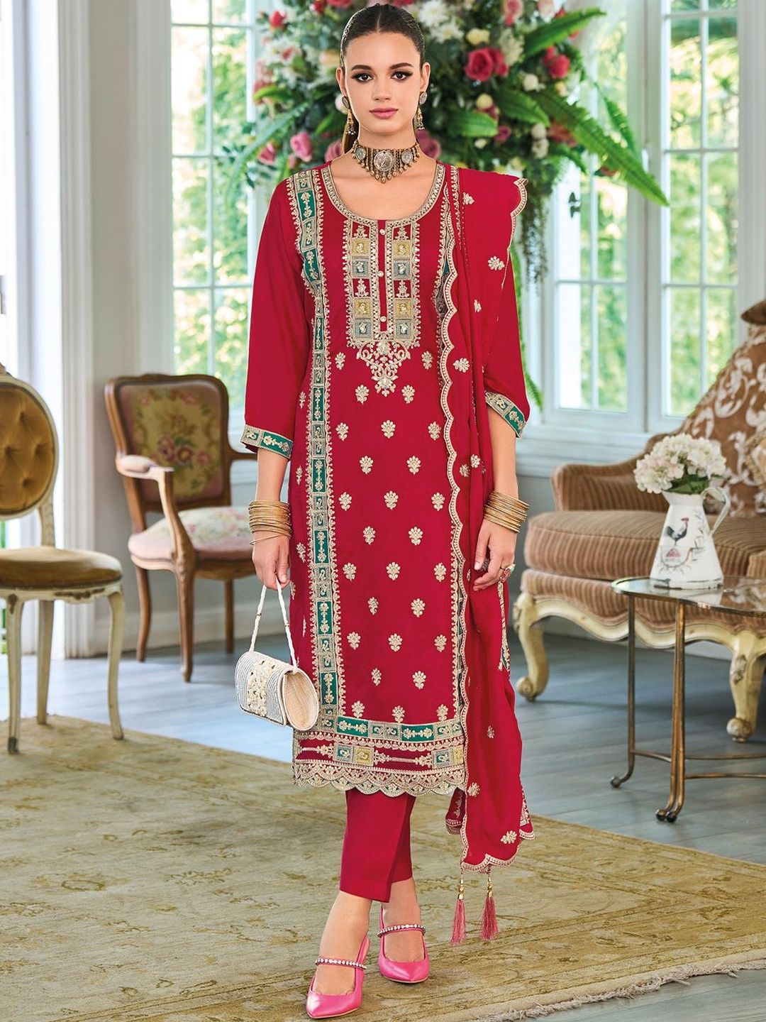 Dhiyona IE Ethnic Motifs Embroidered Sequinned Kurta with Trousers & With Dupatta