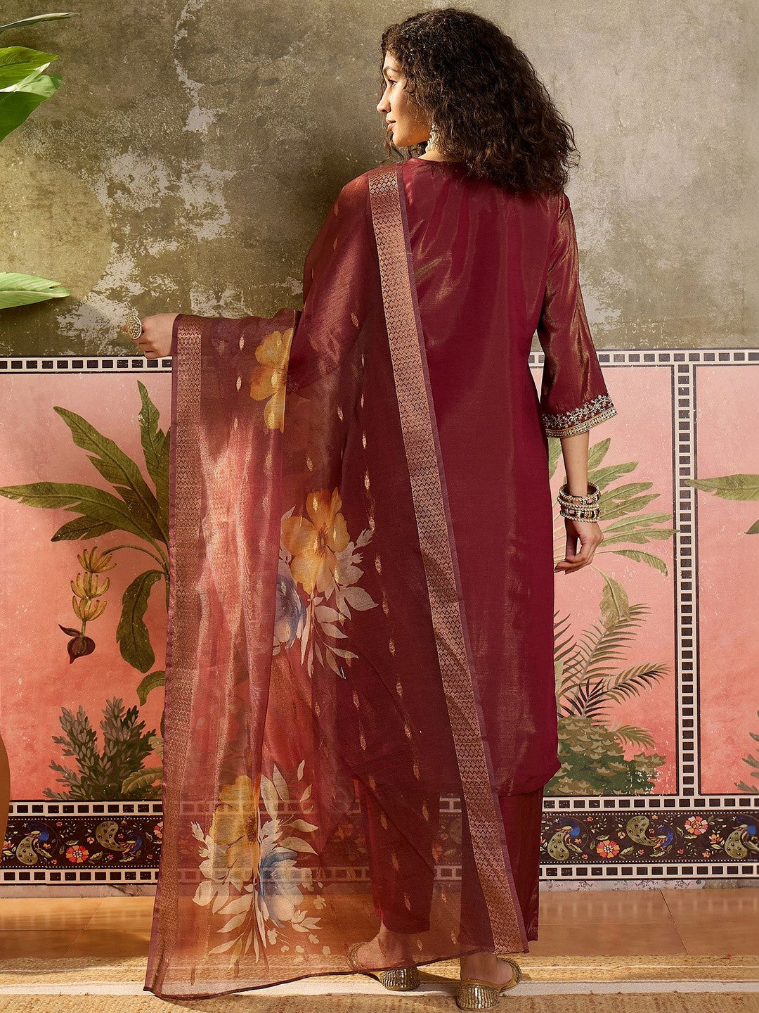Embroidered Cotton Blend Round Neck Straight Kurta & Trousers With Dupatta