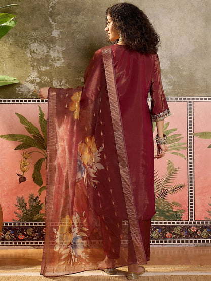 Embroidered Cotton Blend Round Neck Straight Kurta & Trousers With Dupatta