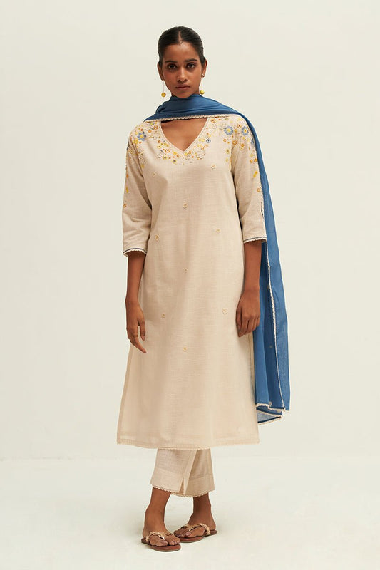 Women's Cream and Blue Cotton Linen Embroidered Salwar Suit