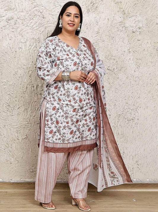 Dhiyona KL Women Plus Size Floral Printed V-Neck Straight Kurti with Salwar & Dupatta