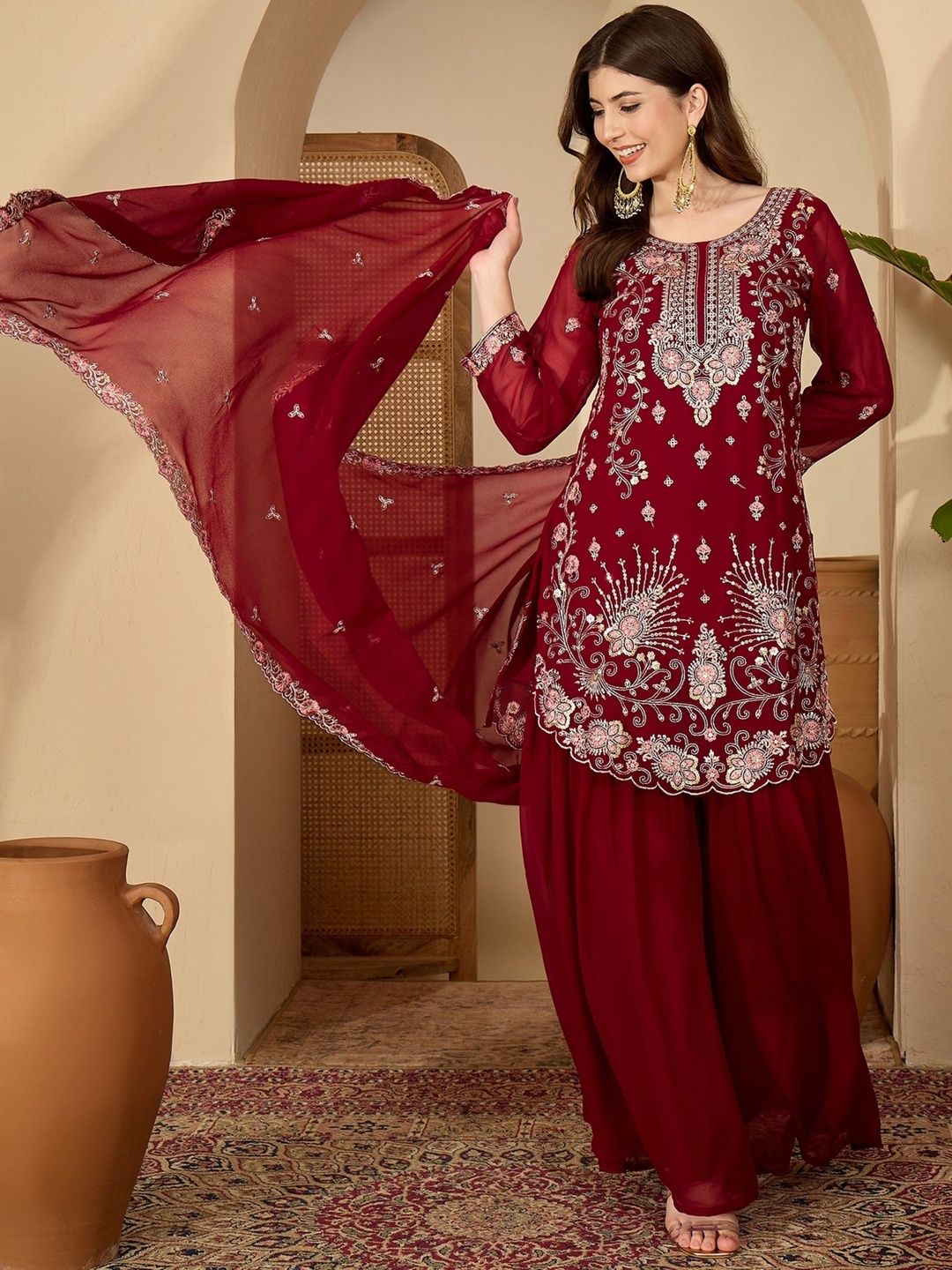 Dhiyona SN Women Ethnic Motifs Embroidered Kurta with Sharara & With Dupatta