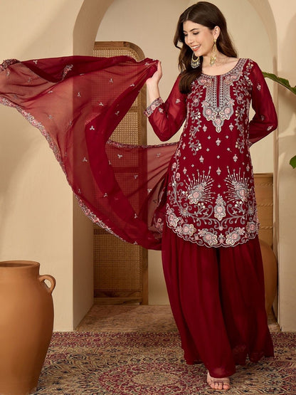 Dhiyona SN Women Ethnic Motifs Embroidered Kurta with Sharara & With Dupatta