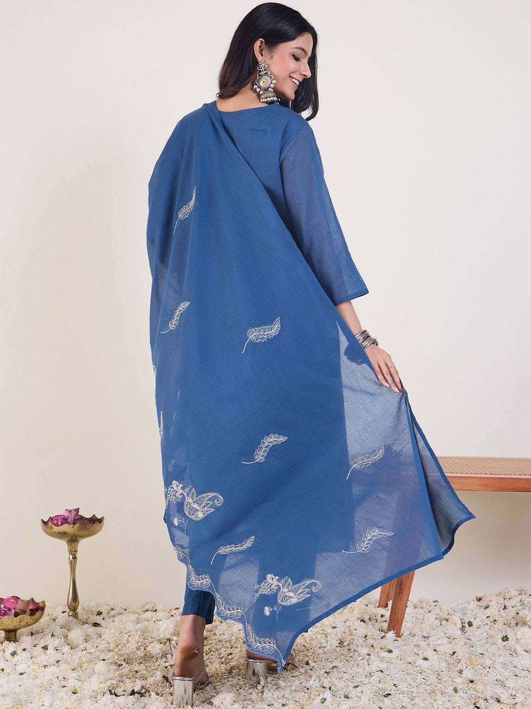 Embroidered Notch Neck Thread Work Pure Cotton Kurta With Trousers & Dupatta
