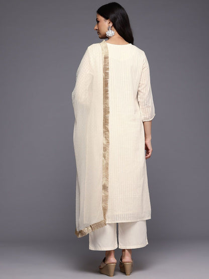 Dhiyona VA Women'sOff White Striped Regular Thread Work Kurta With Trouser With Dupatta