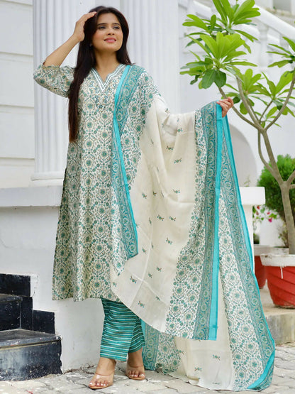 Women's LB Blue Printed Silk Blend Straight Suit With Dupatta