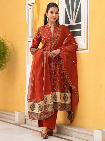 Dhiyona RR Women's Ethnic Motifs Printed Cotton Anarkali Kurta with Trousers & Dupatta