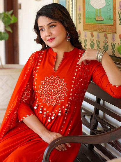 Women Ethnic Motifs Printed Tiered Mirror Work Pure Cotton Kurta with Trousers & With Dupatta