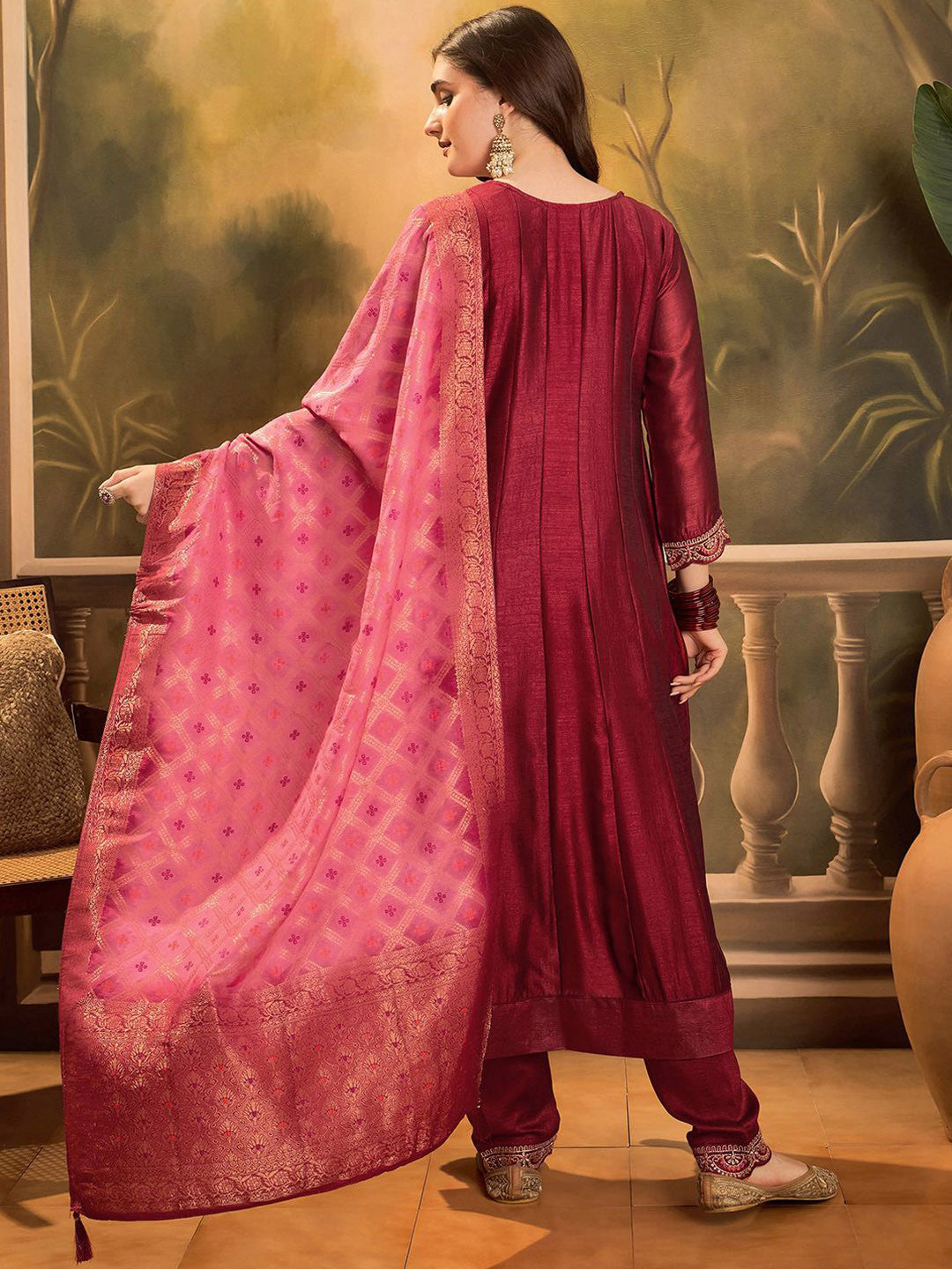 Zari & Sequin Embroidered A-Line Kurta & Trousers With Dupatta