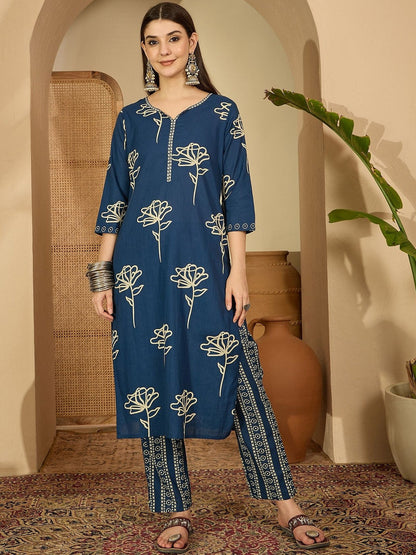 Printed Pure Cotton Round Neck Kurta & Trousers Kurta Set