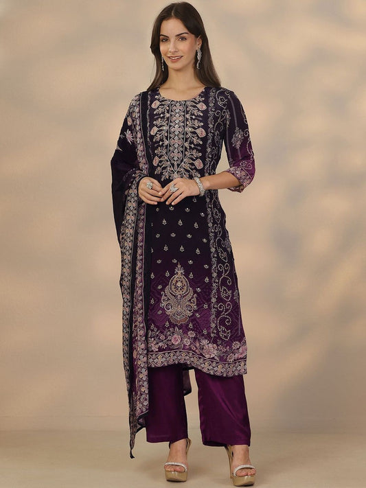 Dhiyona LL Ethnic Motifs Embroidered Regular Thread Work Straight Kurta With Palazzos & Dupatta