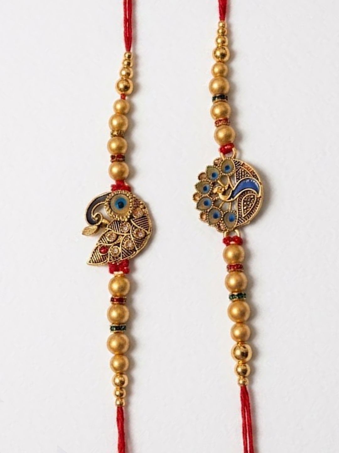 Dhiyona Set Of 2 Peacock & Ghungroo Design Multicolor Thread Rakhi With Roli Chawal Chandan