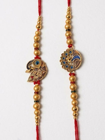 Dhiyona Set Of 2 Peacock & Ghungroo Design Multicolor Thread Rakhi With Roli Chawal Chandan