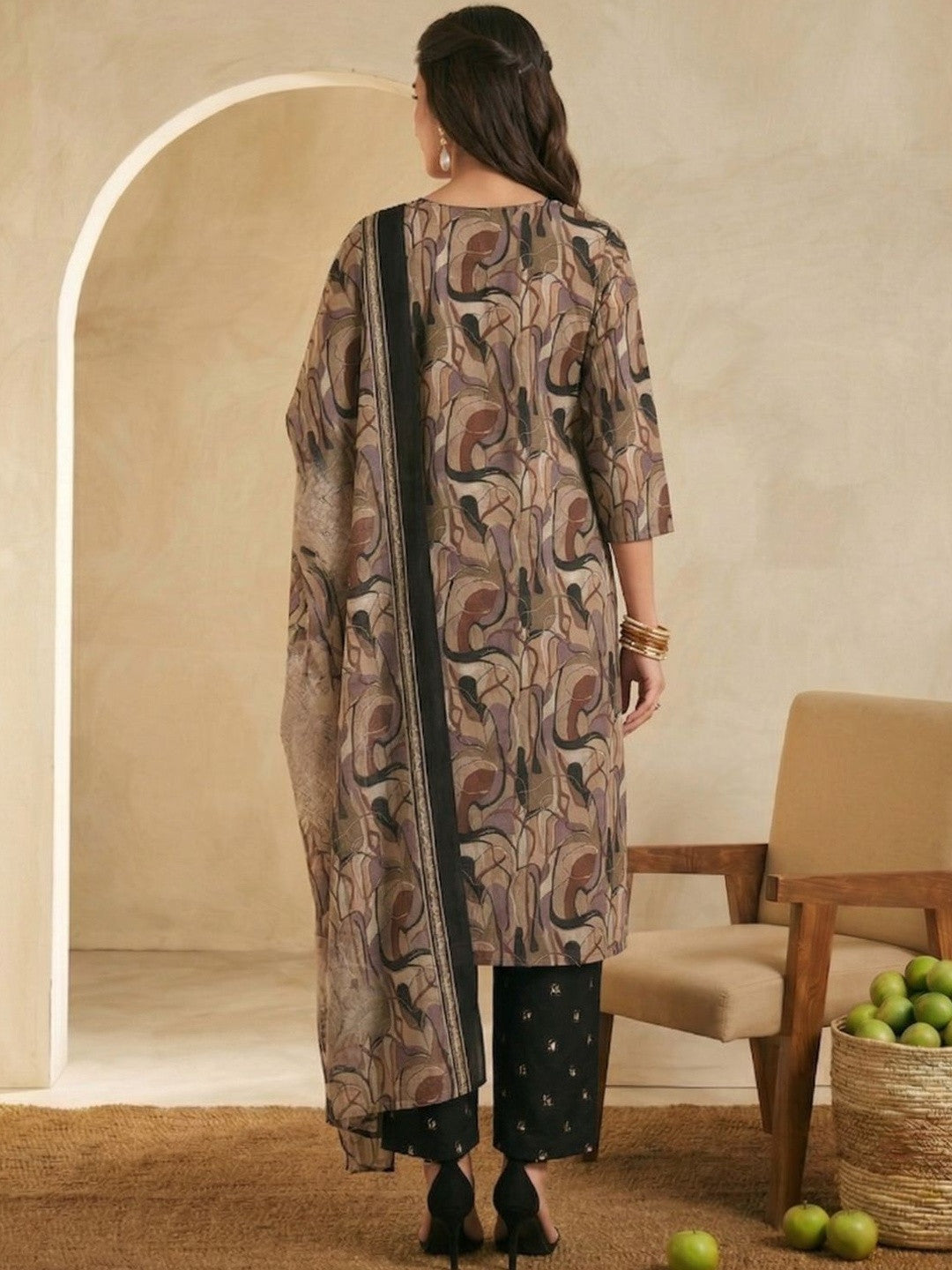 Printed Pure Cotton Notched Neck Kurta & Trousers With Dupatta