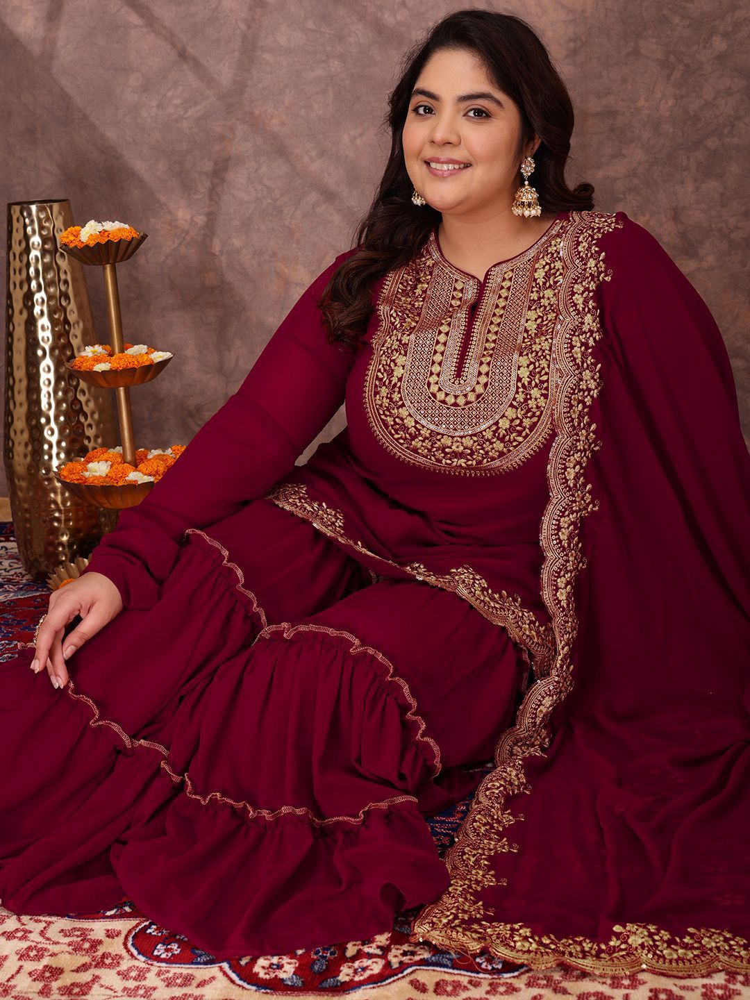Dhiyona IN Floral Yoke Design Thread Work Georgette Straight Kurta With Sharara & Dupatta
