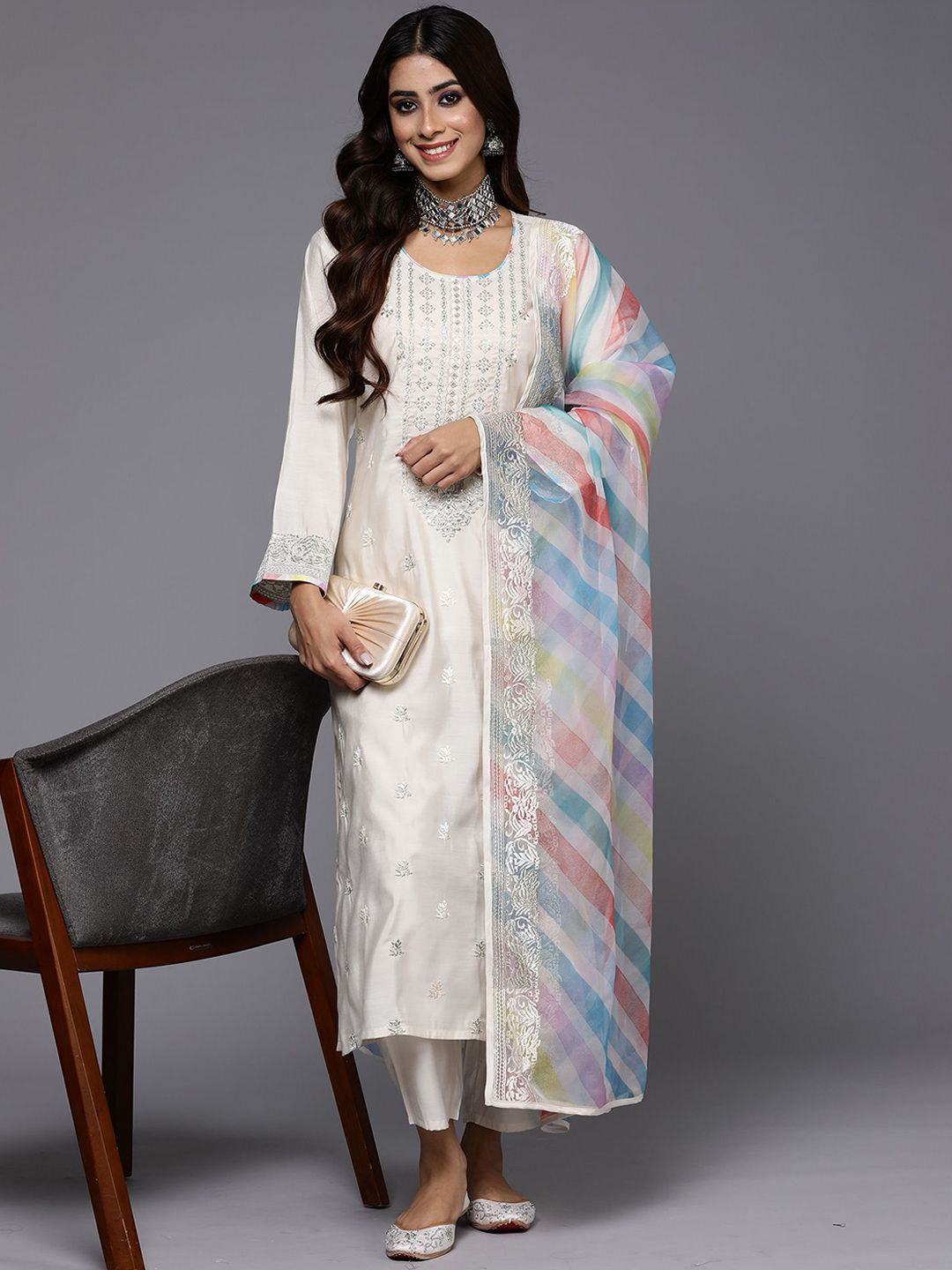 Dhiyona IE Cream-Coloured Embroidered Sequined Cotton Zari Kurta With Trousers & Dupatta