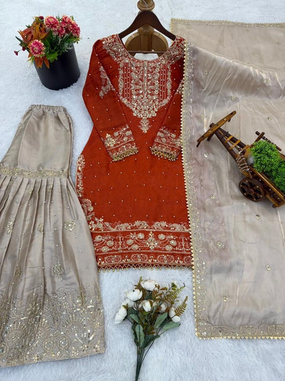 Dhiyona KL Women Ethnic Motifs Embroidered Regular Sequinned Kurta with Sharara & With Dupatta