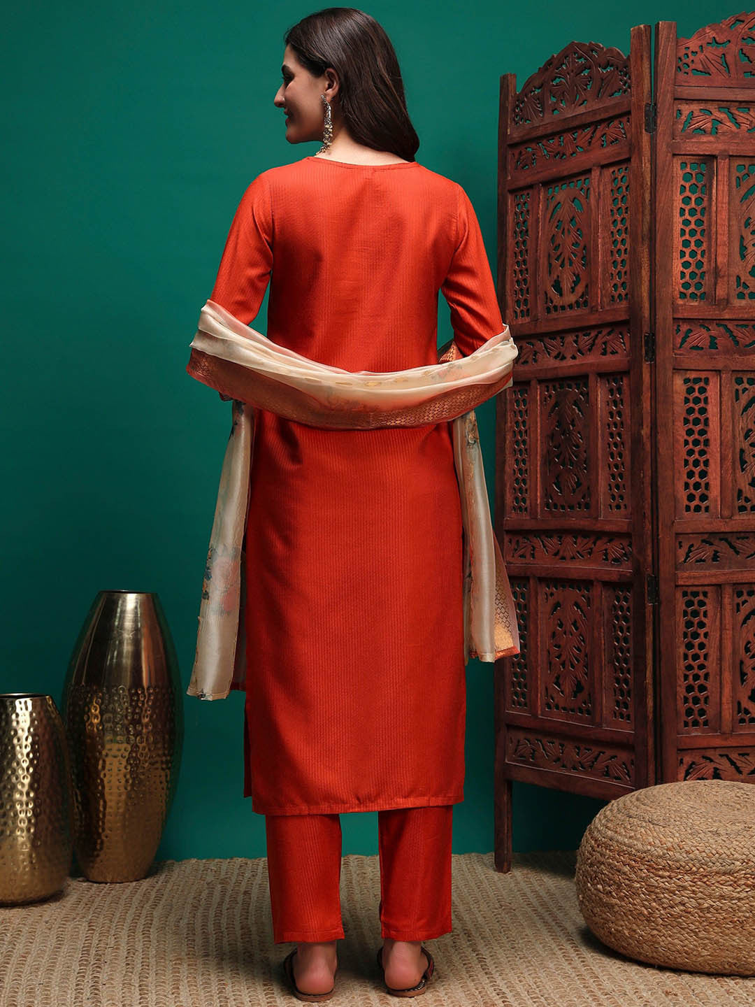 Sequin Embroidered Straight Kurta & Trousers With Dupatta