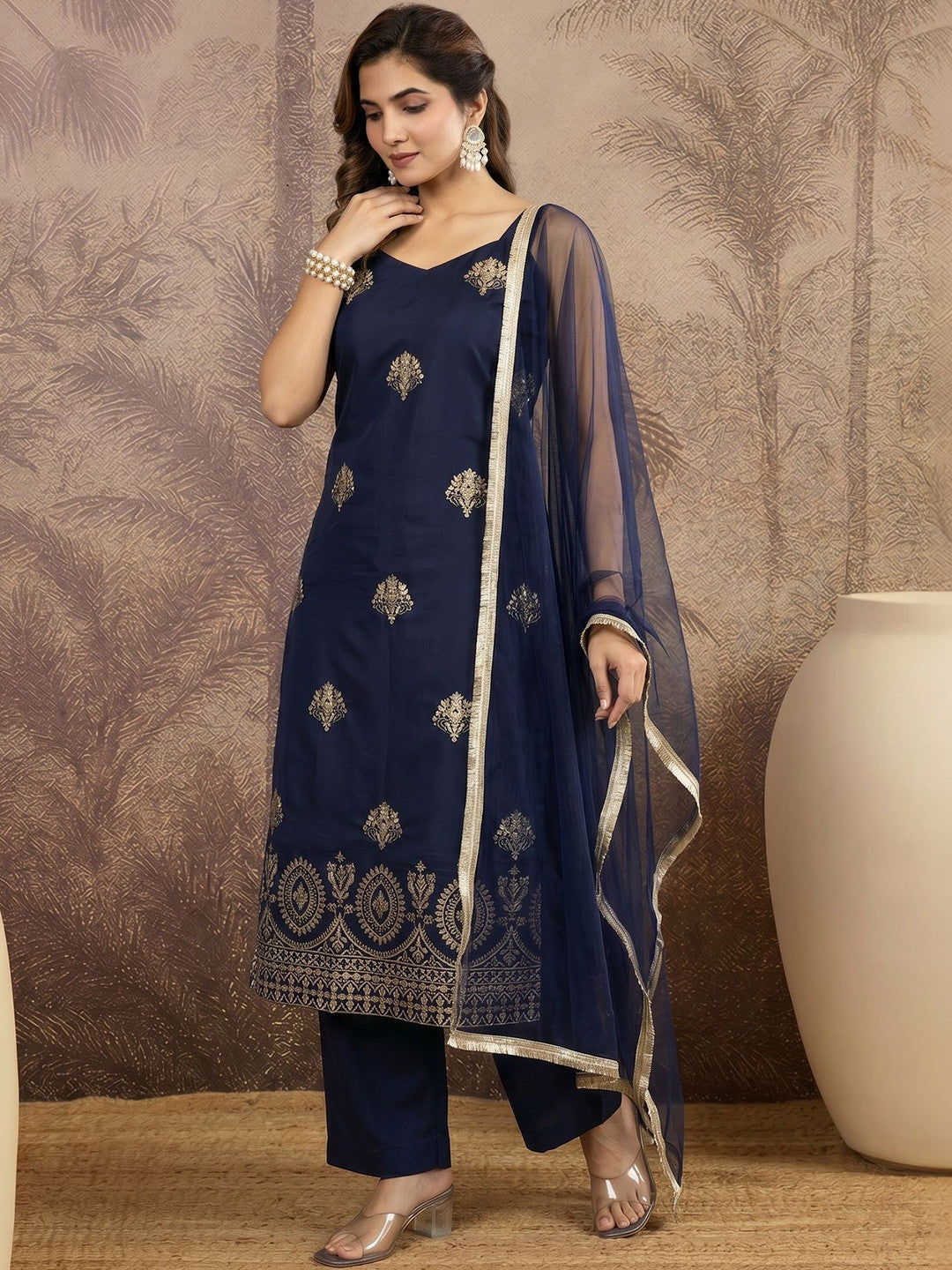 Embroidered Silk Blend Sweetheart Neck Kurta & Trousers With Dupatta