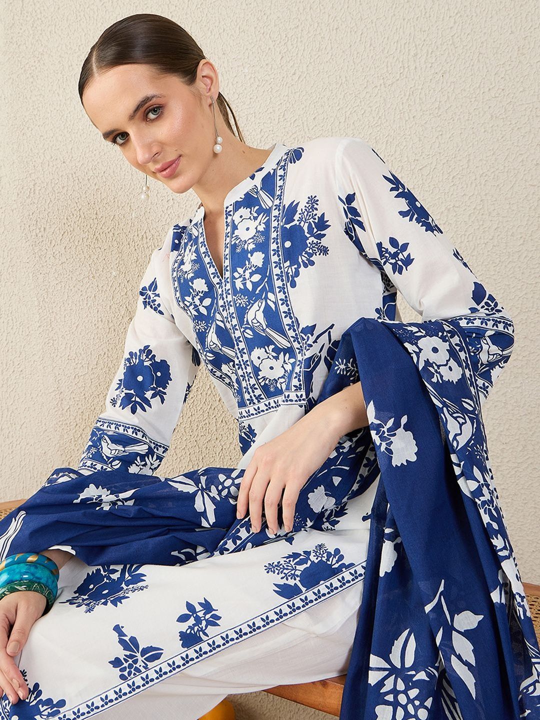Dhiyona IE Women Floral Printed Cotton Kurta with Trousers & Dupatta