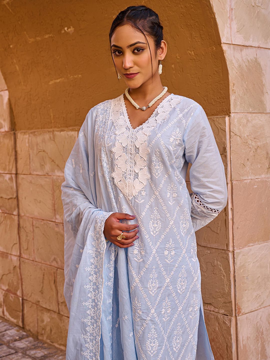 Dhiyona IE Women Ethnic Motifs Embroidered Cotton Kurta with Trousers & Dupatta