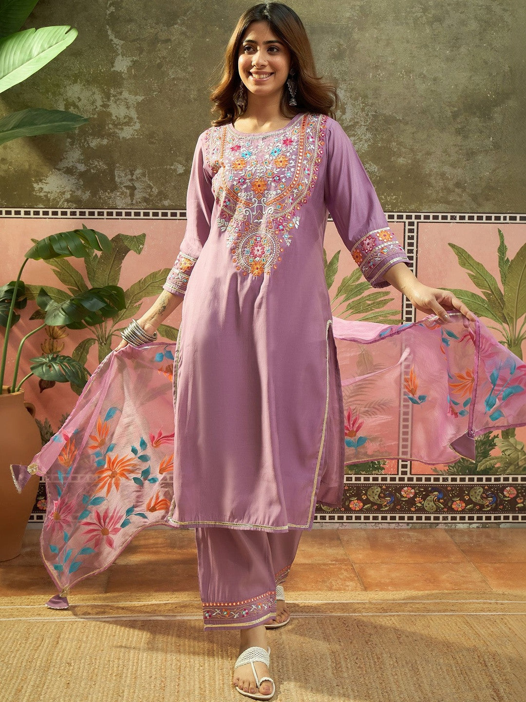 Embroidered Round Neck Kurta & Trousers With Dupatta