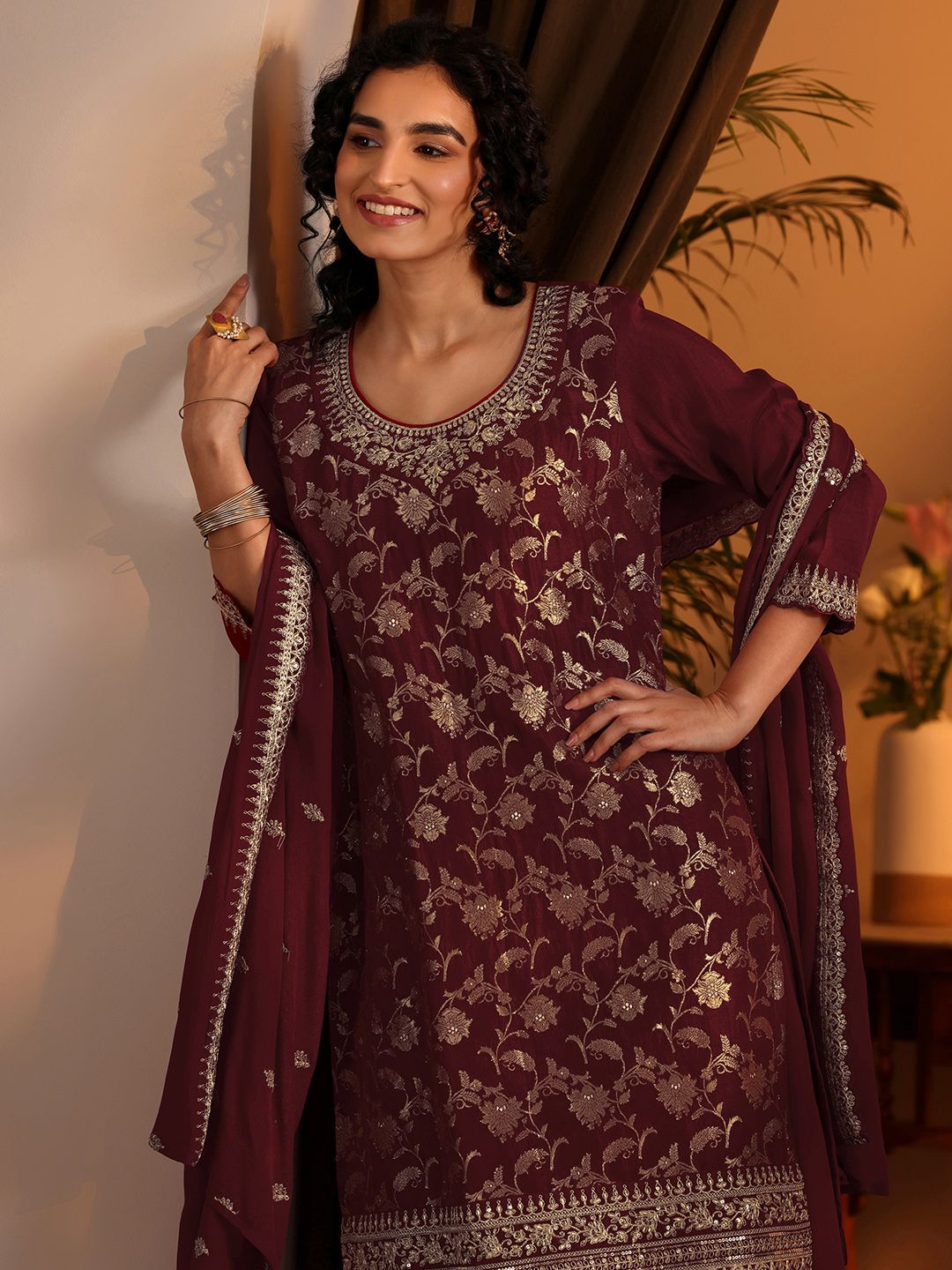 Dhiyona LL Floral Woven Design Straight Zari Kurta With Palazzos & Dupatta