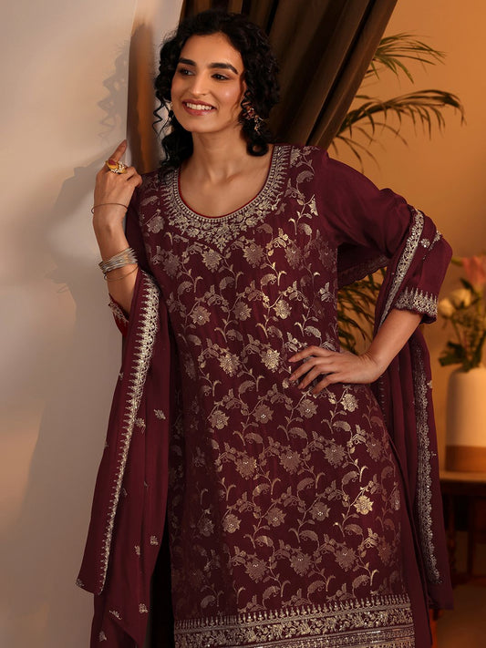 Dhiyona LL Floral Woven Design Straight Zari Kurta With Palazzos & Dupatta