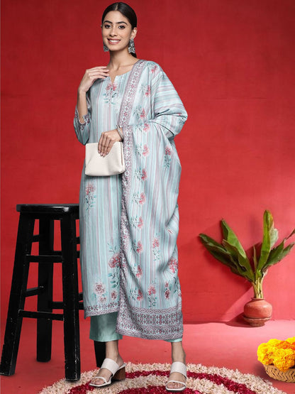 Blue Women Floral Printed Kurta with Palazzo & Dupatta