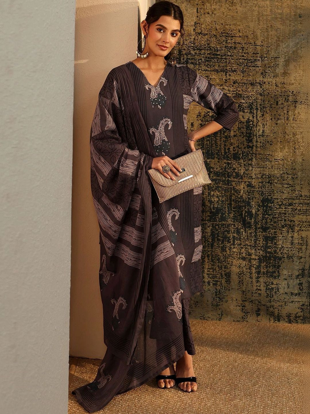 Grey Paisley Printed Cotton Straight Suit Set