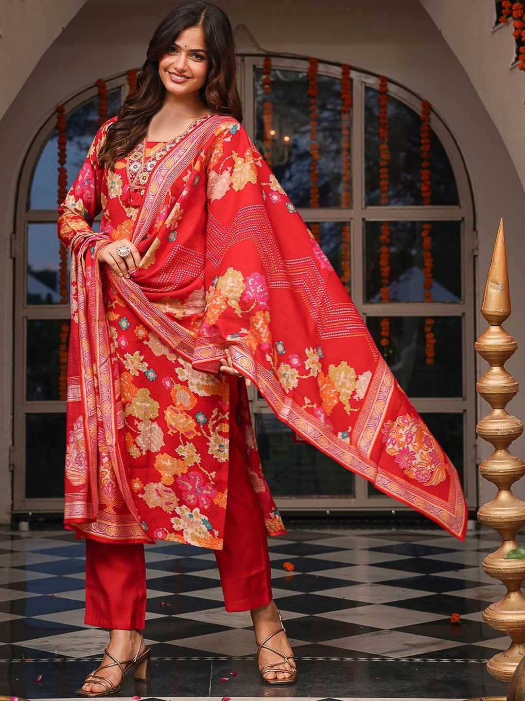 Dhiyona KL Floral Printed Mirror Work V-Neck Straight Kurta With Trousers & Dupatta