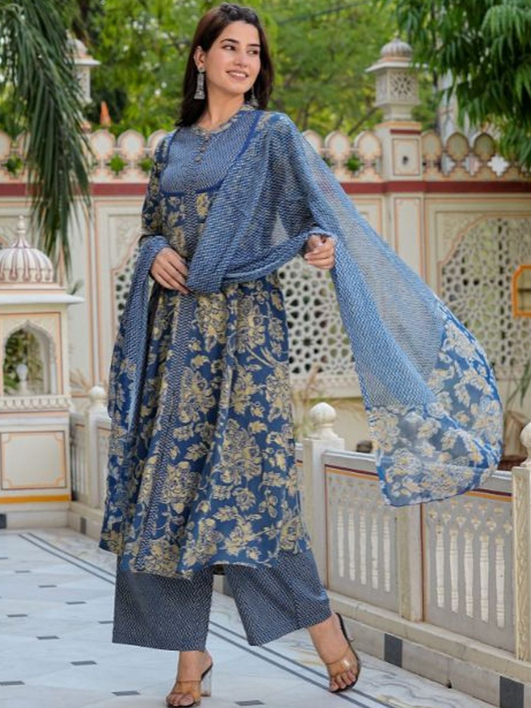 Dhiyona KL Floral Printed Band Collar Kurta with Palazzos & Dupatta