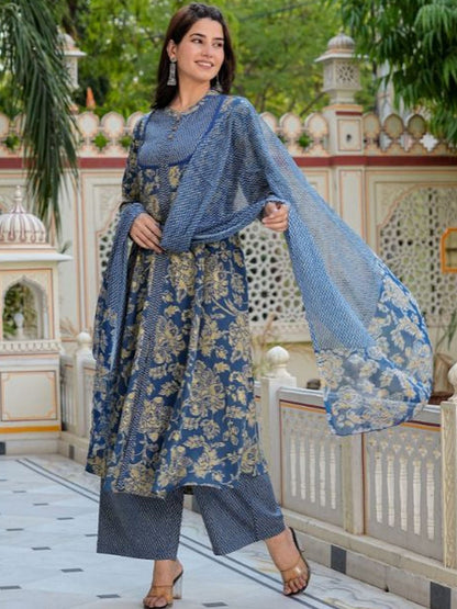 Dhiyona KL Floral Printed Band Collar Kurta with Palazzos & Dupatta