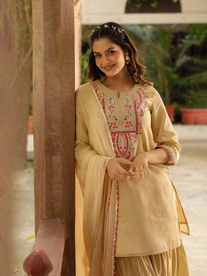 Dhiyona SC Women Beige Chanderi Silk Embroidered Sharara Set