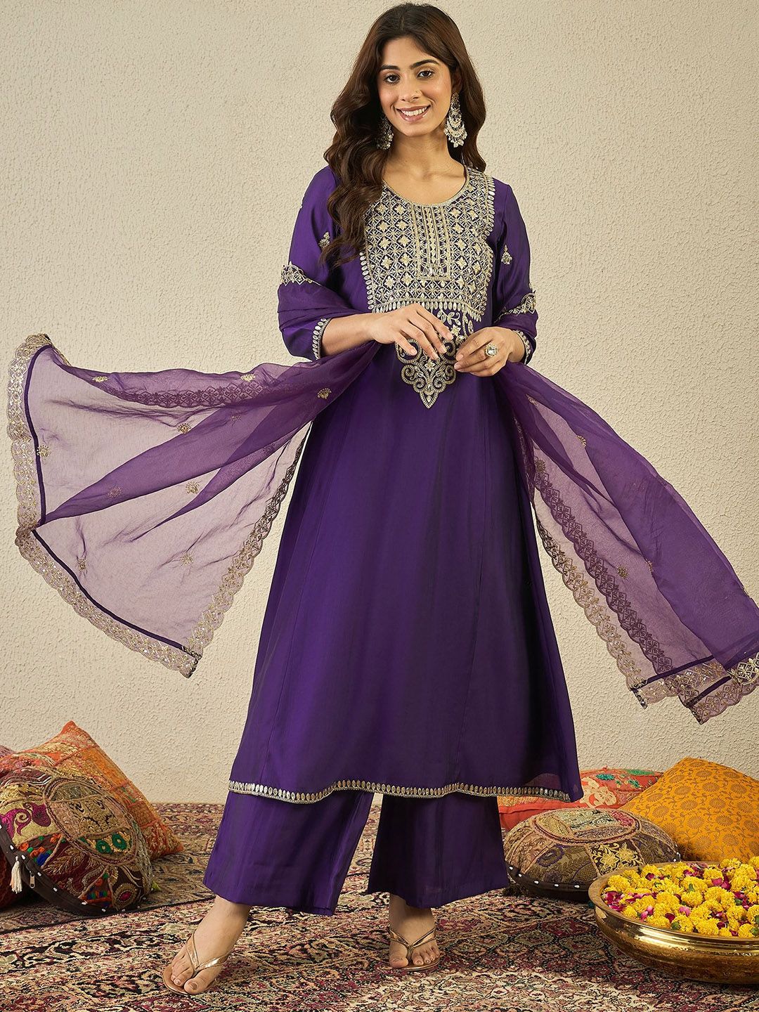 Dhiyona IN Women Floral Yoke Design Panelled Kurta with Palazzos & Dupatta
