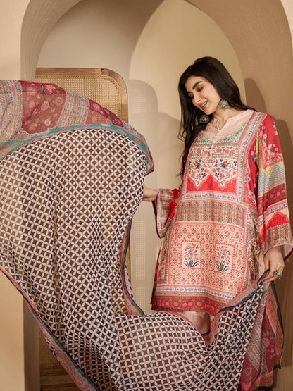 Printed Wool Round Neck Kurta & Trousers with Dupatta set