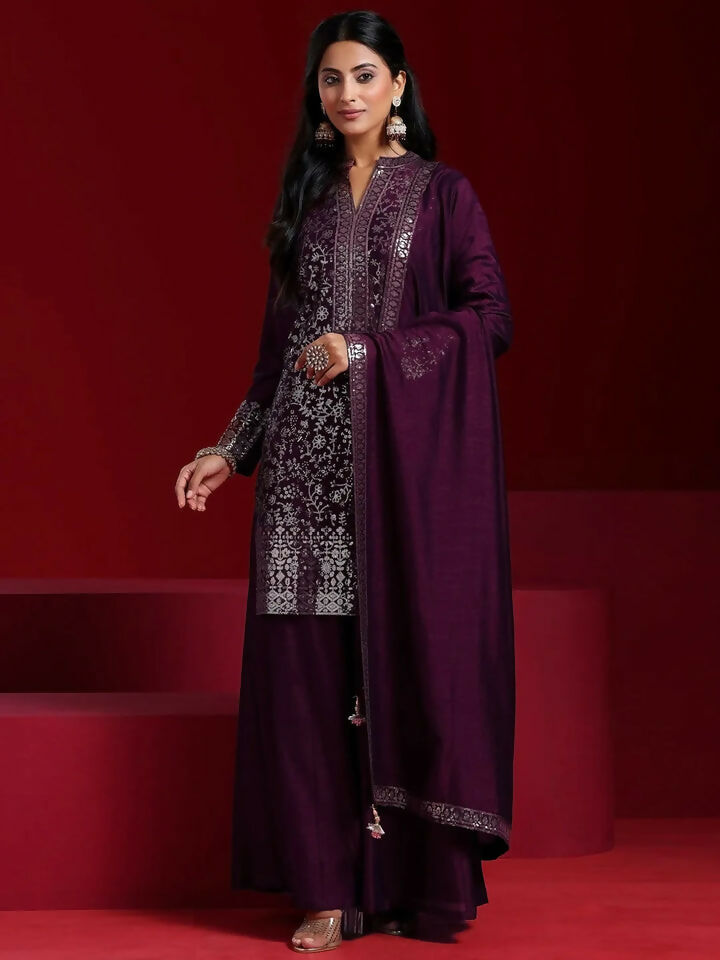 Women's LB Art Wine Embroidered Silk Blend Straight Suit With Dupatta