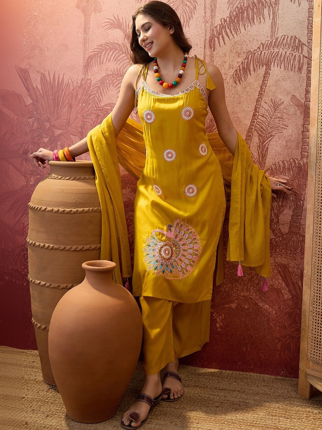 Women Ethnic Motifs Embroidered Regular Thread Work Pure Cotton Kurta with Palazzos & With Dupatta