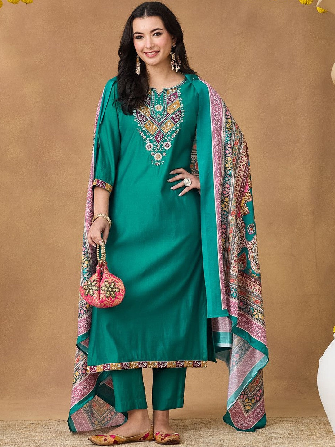 Dhiyona SN Embroidered Kurta Trousers Printed Dupatta Set