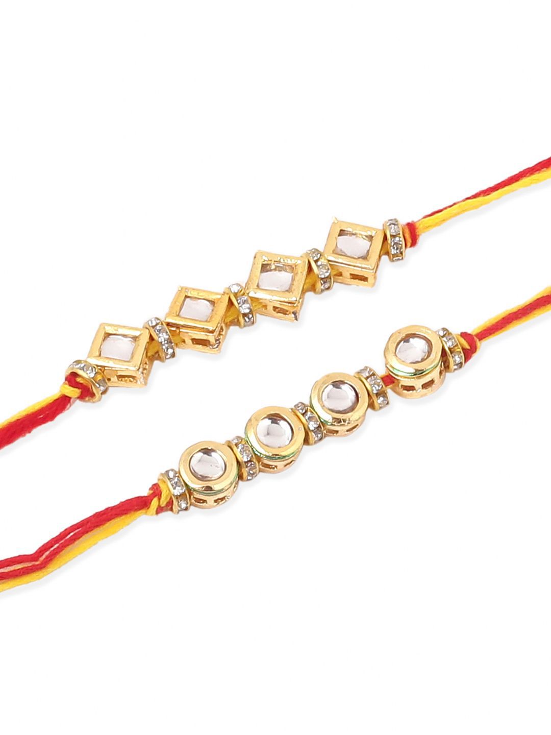 Dhiyona Men Set Of 2 Multicolor Kundan Thread Rakhi With Roli Chawal Chandan Mishri