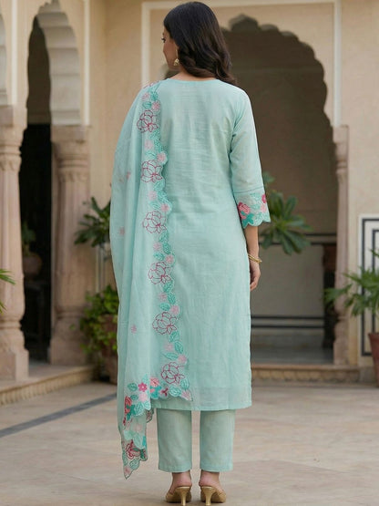 Women Floral Embroidered Regular Thread Work Pure Cotton Kurta with Trousers & With Dupatta