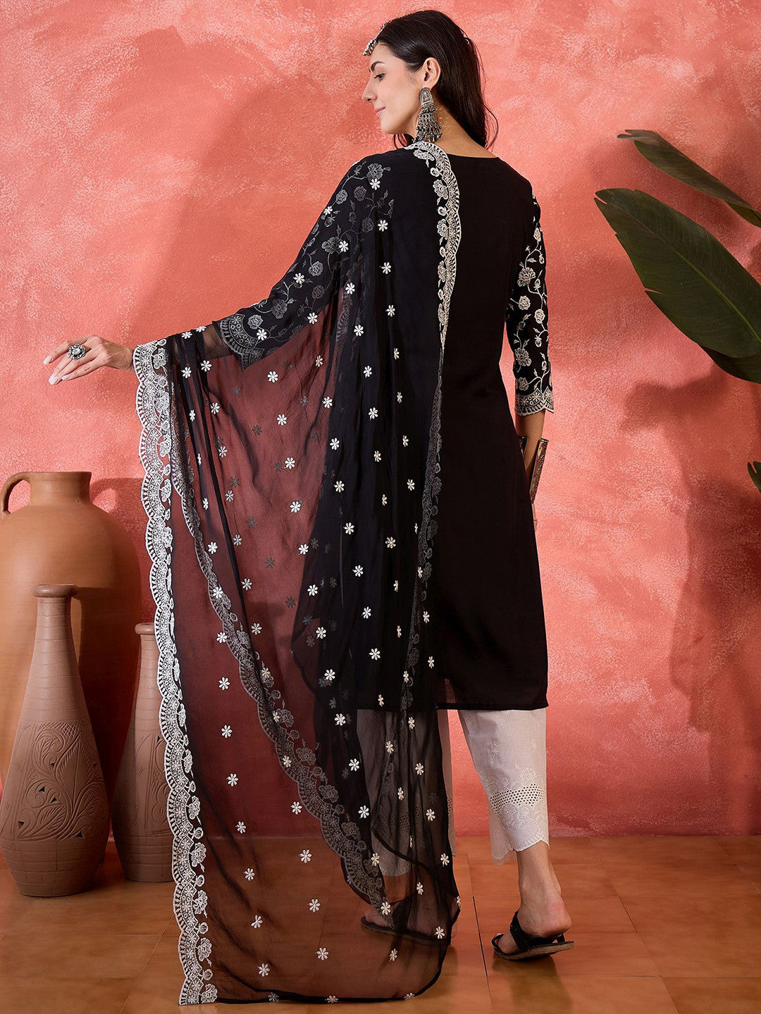Women Floral Embroidered Cotton Kurta with Palazzo & Dupatta