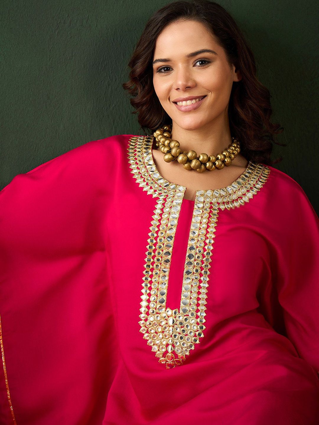 Dhiyona SN Women's Fuchsia Geometric Embroidered Round Neck Mirror Work Kaftan With Trousers