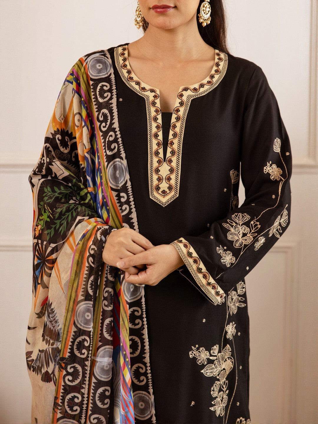 Embroidered Straight Kurta With Palazzos & Dupatta