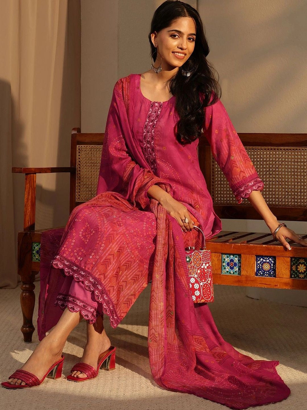 Pink Bandhani Print Straight Cotton Suit Set