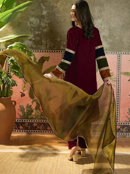 Women Velvet Embroidered Straight Kurta Pant With Dupatta Set